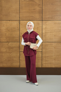 Beli Ayarlanabilir Gold Fermuar Detay Yelekli Takım Mürdüm