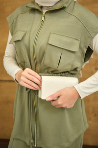 Beli Ayarlanabilir Gold Fermuar Detay Yelekli Takım Açık Yeşil