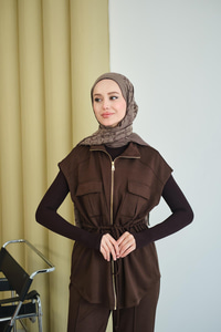 Beli Ayarlanabilir Gold Fermuar Detay Yelekli Takım Kahverengi