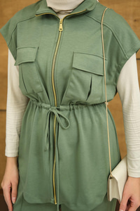 Beli Ayarlanabilir Gold Fermuar Detay Yelekli Takım Haki Yeşil