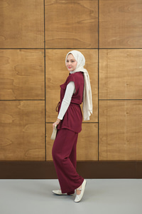 Beli Ayarlanabilir Gold Fermuar Detay Yelekli Takım Mürdüm