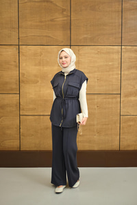 Beli Ayarlanabilir Gold Fermuar Detay Yelekli Takım Füme