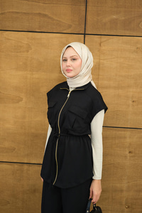 Beli Ayarlanabilir Gold Fermuar Detay Yelekli Takım Siyah