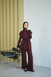 Beli Ayarlanabilir Gold Fermuar Detay Yelekli Takım Bordo