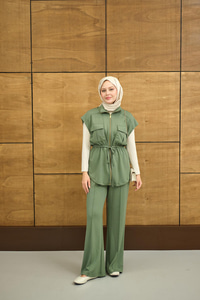 Beli Ayarlanabilir Gold Fermuar Detay Yelekli Takım Haki Yeşil