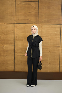 Beli Ayarlanabilir Gold Fermuar Detay Yelekli Takım Siyah