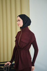 Beli Ayarlanabilir Gold Fermuar Detay Yelekli Takım Bordo