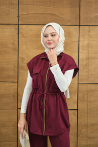 Beli Ayarlanabilir Gold Fermuar Detay Yelekli Takım Mürdüm