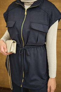 Beli Ayarlanabilir Gold Fermuar Detay Yelekli Takım Füme