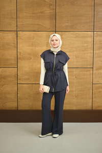 Beli Ayarlanabilir Gold Fermuar Detay Yelekli Takım Füme