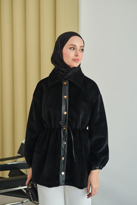 Beli Ayarlanabilir Gömlek Yaka Angora Ceket Siyah