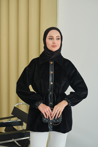 Beli Ayarlanabilir Gömlek Yaka Angora Ceket Siyah