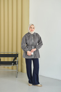 Beli Ayarlanabilir Gömlek Yaka Angora Ceket Gri