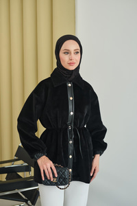 Beli Ayarlanabilir Gömlek Yaka Angora Ceket Siyah