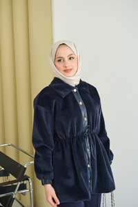 Beli Ayarlanabilir Gömlek Yaka Angora Ceket Lacivert