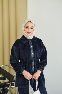 Beli Ayarlanabilir Gömlek Yaka Angora Ceket Lacivert