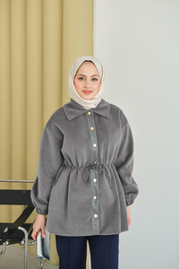 Beli Ayarlanabilir Gömlek Yaka Angora Ceket Gri