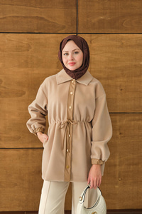 Beli Ayarlanabilir Gömlek Yaka Angora Ceket Vizon