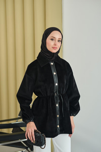 Beli Ayarlanabilir Gömlek Yaka Angora Ceket Siyah