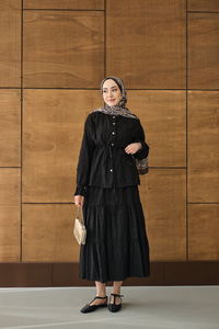 Beli Ayarlanabilir Nakış Detaylı Takım Siyah