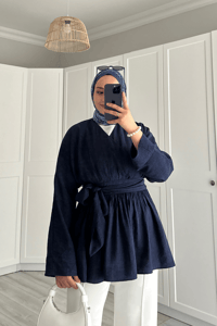 Beli Büzgülü Lidya Tunik Lacivert