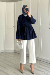 Beli Büzgülü Lidya Tunik Lacivert