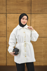 Beli Deri İp Detay Gömlek Yaka Ceket Beyaz