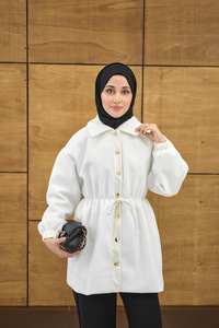 Beli Deri İp Detay Gömlek Yaka Ceket Beyaz