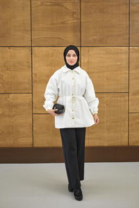 Beli Deri İp Detay Gömlek Yaka Ceket Beyaz