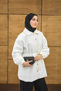 Beli Deri İp Detay Gömlek Yaka Ceket Beyaz