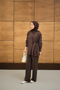 Beli Gold Kemer Detay Gömlek Yaka Takım Kahverengi