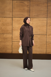 Beli Gold Kemer Detay Gömlek Yaka Takım Kahverengi