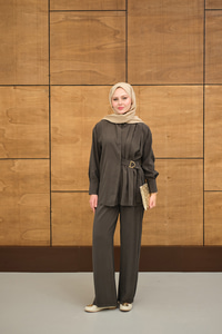 Beli Gold Kemer Detay Gömlek Yaka Takım Antrasit