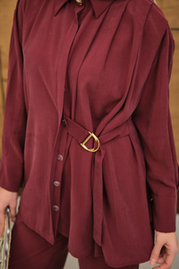 Beli Gold Kemer Detay Gömlek Yaka Takım Bordo