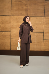 Beli Gold Kemer Detay Gömlek Yaka Takım Kahverengi