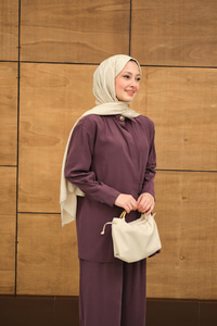 Beli Gold Kemer Detay Gömlek Yaka Takım Mor