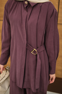 Beli Gold Kemer Detay Gömlek Yaka Takım Mor