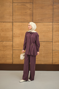 Beli Gold Kemer Detay Gömlek Yaka Takım Mor