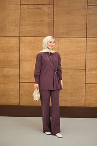 Beli Gold Kemer Detay Gömlek Yaka Takım Mor