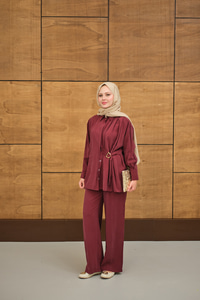 Beli Gold Kemer Detay Gömlek Yaka Takım Bordo