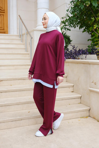 Beli Gömlek Detay Takım  Bordo