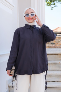 Beli İp Detay Tek Cepli Gömlek Antrasit