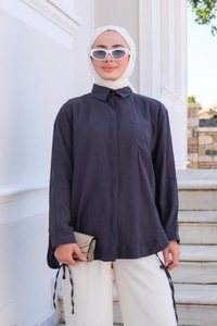 Beli İp Detay Tek Cepli Gömlek Antrasit