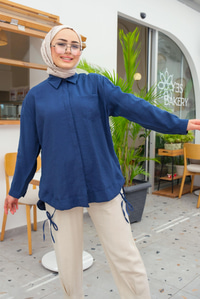 Beli İp Detay Tek Cepli Gömlek Lacivert