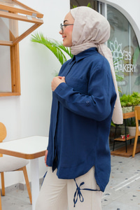 Beli İp Detay Tek Cepli Gömlek Lacivert