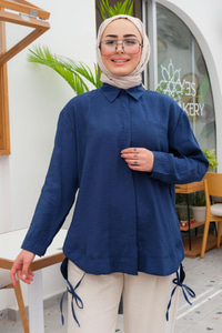 Beli İp Detay Tek Cepli Gömlek Lacivert