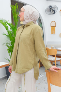 Beli İp Detay Tek Cepli Gömlek Yağ Yeşil