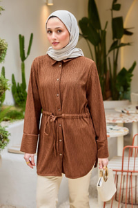 Beli Kemerli Damla Gömlek Kahverengi