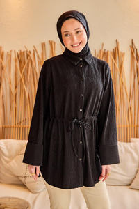 Beli Kemerli Damla Gömlek Siyah