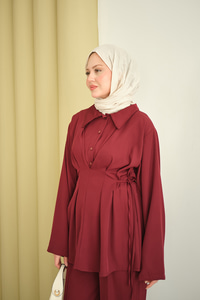 Beli Korse Detay Beli Kendinden Kemerli Takım Bordo